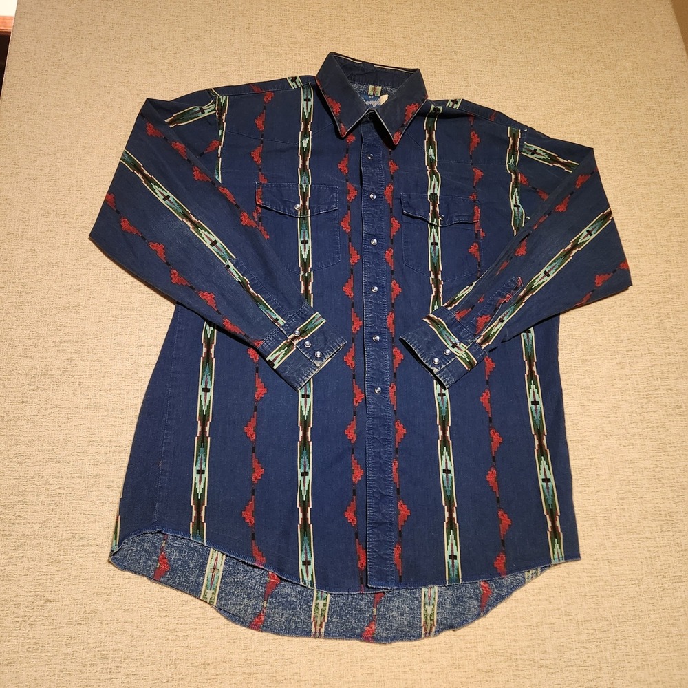 Wrangler Western Shirt Mens XL Tall Navy Blue Aztec Geometric Pearl Snap Cotton
